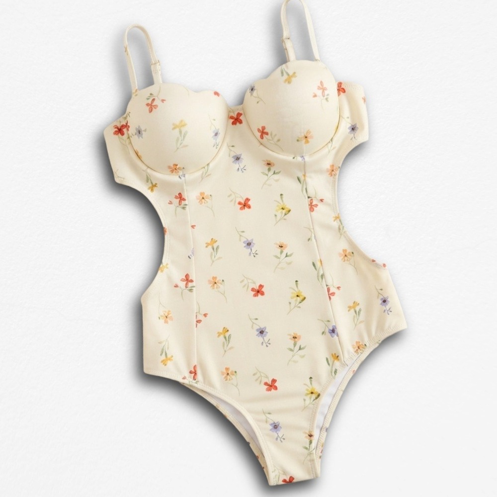 Floral Monokini One Piece Swimsuit Underwire Scalloped Cream Cut Out Swimwear‎